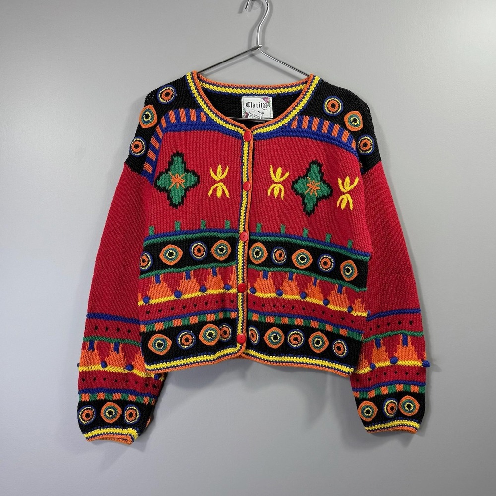 Vintage Clarity Creation Sweater Womens Small Multicolor Cardigan Knit Boho 90s